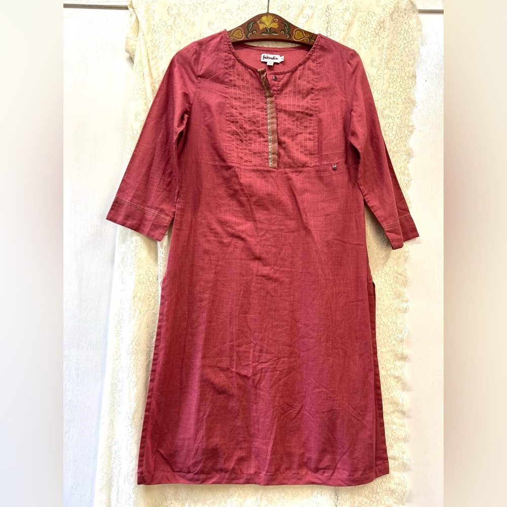 Fabindia Cotton 3/4 Sleeve Kurta medium pink Mauve Rose Embroidered